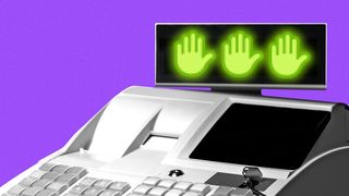 Cash register illustration with three green hands up icon
